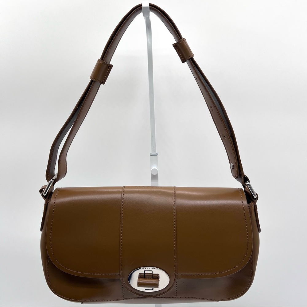 Mazzini Brown Leather Shoulder Bag Turn Lock Flap Structured Purse